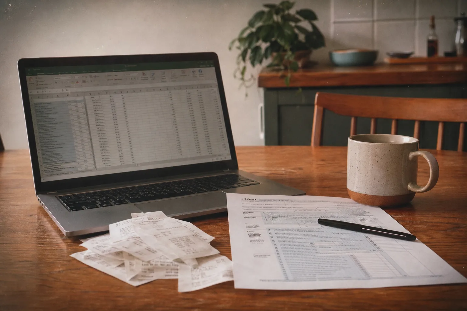 A kitchen table with a laptop showing a spreadsheet, a printed tax form beside it, a stack of small paper receipts, and a mug