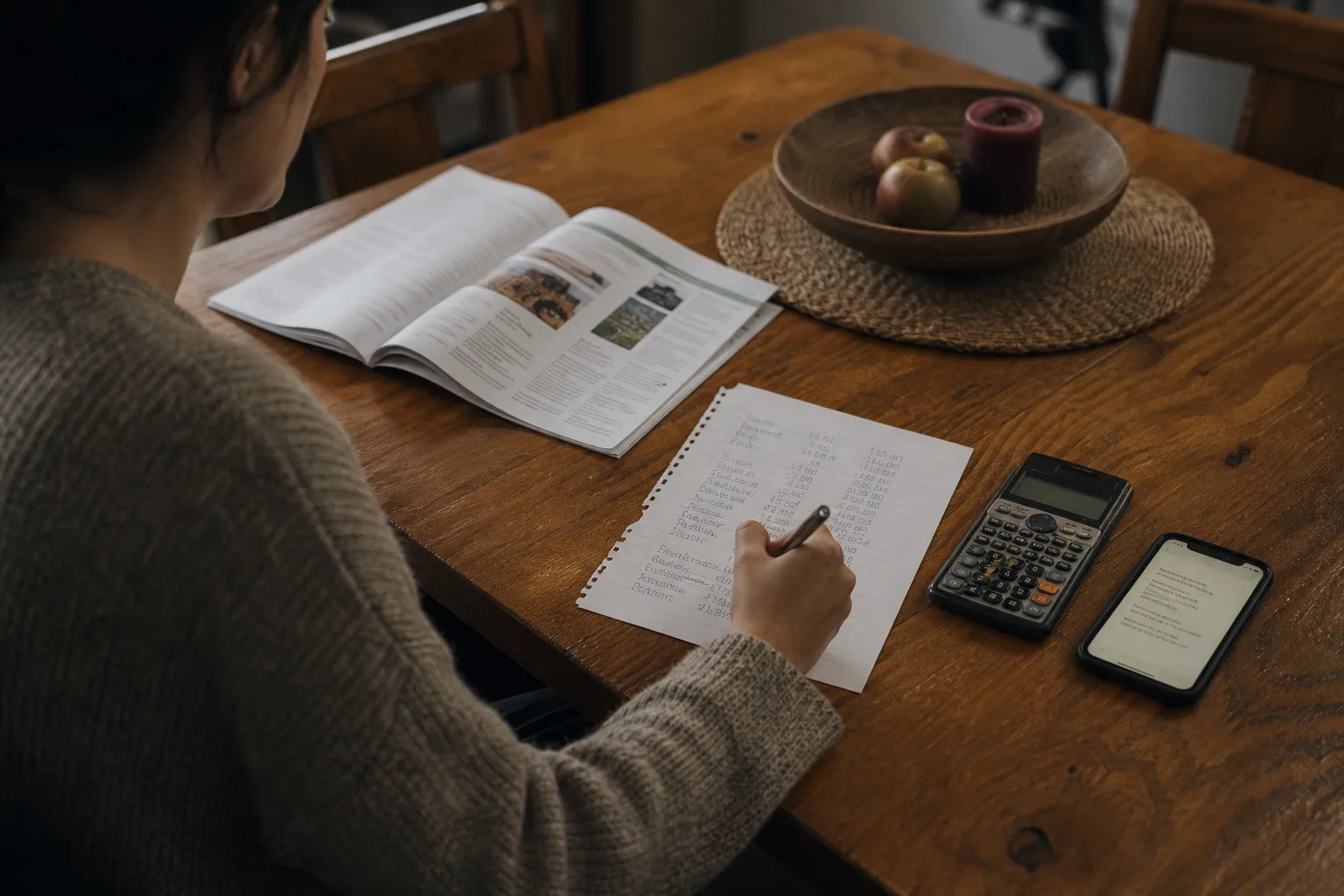 A person at a kitchen table with a program catalog open beside a handwritten list of costs, a calculator, and a phone with a notepad app showing questions