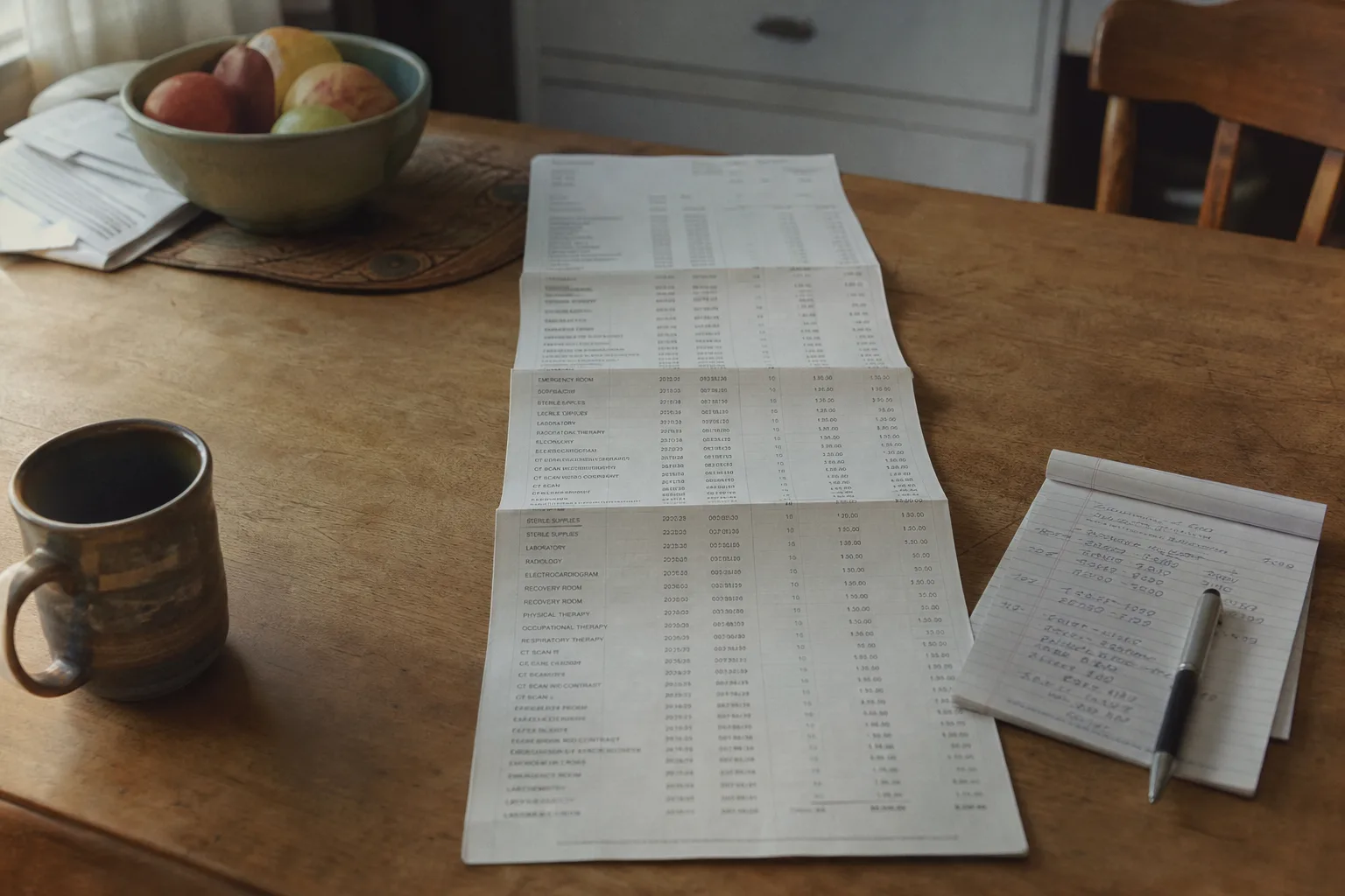A long itemized hospital statement unfolded across a kitchen table, columns of procedure codes and dollar amounts visible, with a pen and a handwritten note...