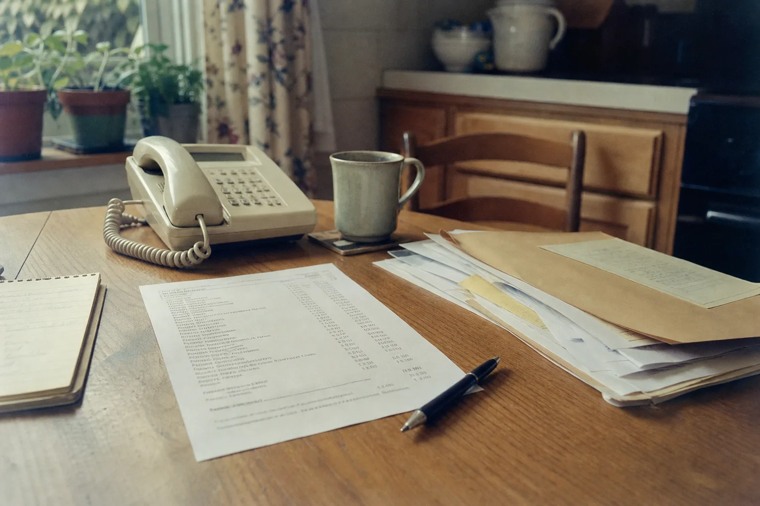 A kitchen table with a printed itemized price list, a folder of documents, a pen, and a landline phone, arranged as someone works through paperwork
