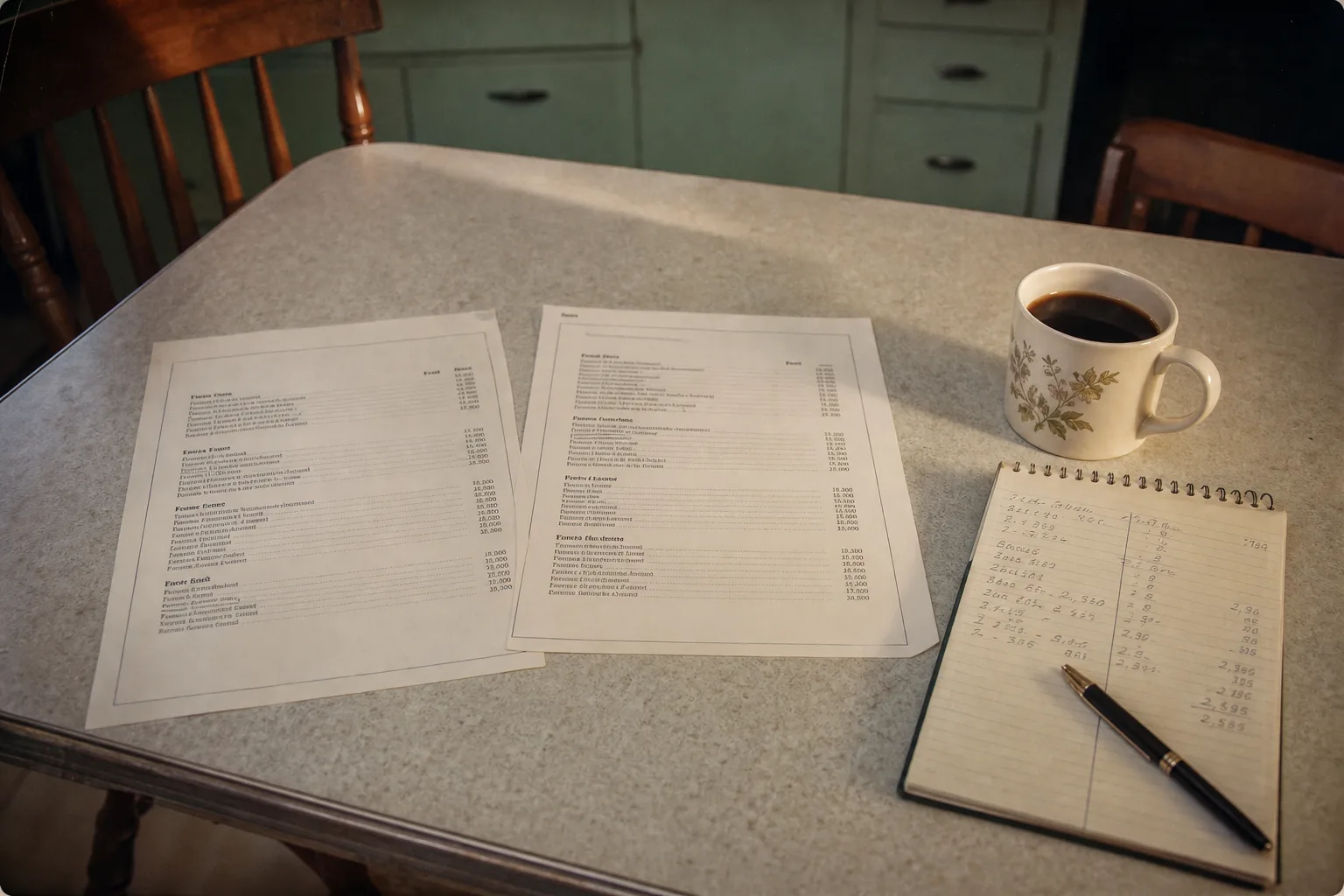 A kitchen table with two printed itemized funeral price lists laid side by side, a notepad with handwritten figures, a pen, and a mug of coffee