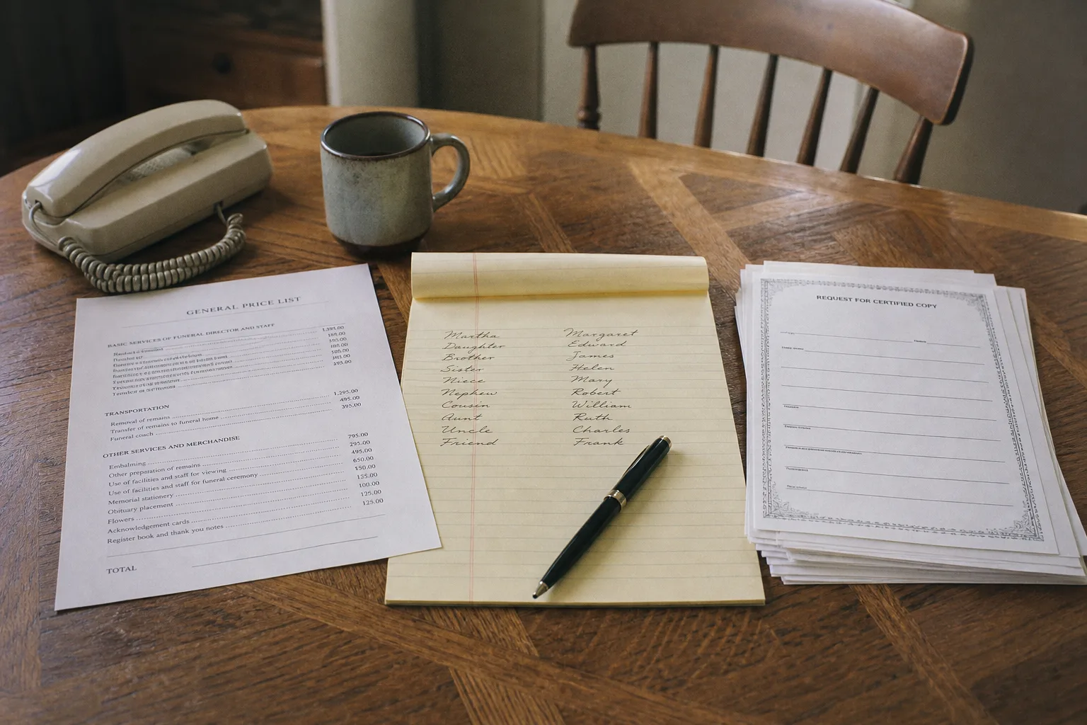 A kitchen table with an itemized funeral price list, a legal pad with two handwritten columns, a pen, a landline phone, and a stack of blank certified-copy r...