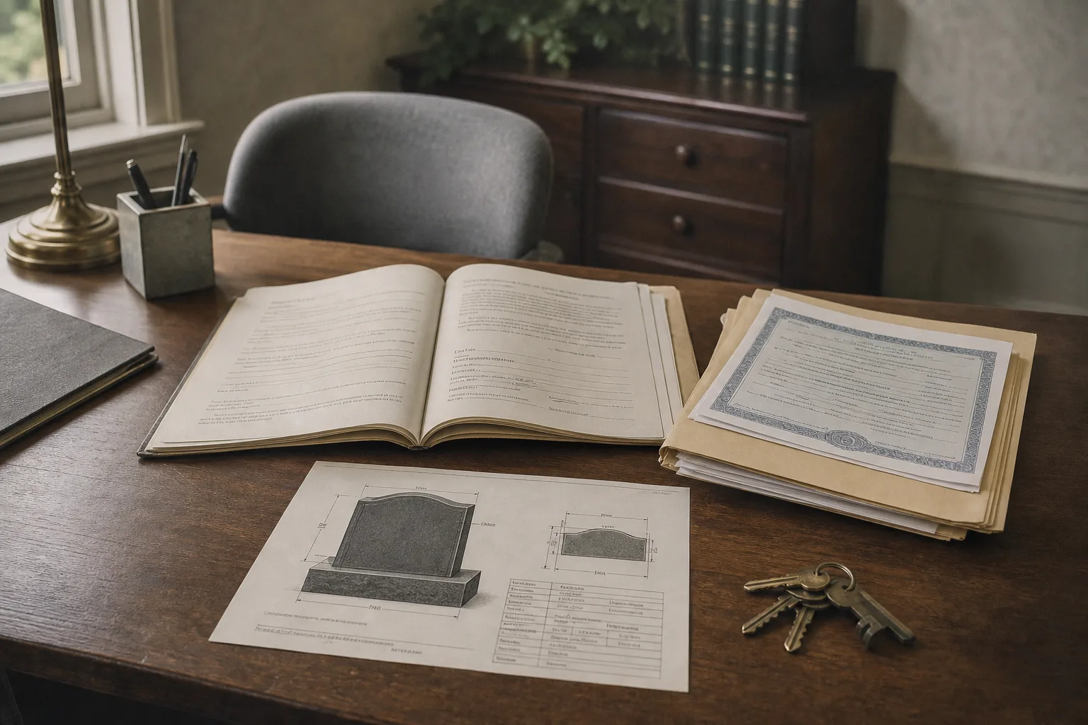 A cemetery office desk with an open interment rights document, a folder of certified death certificate copies, and a printed marker specification sheet besid...