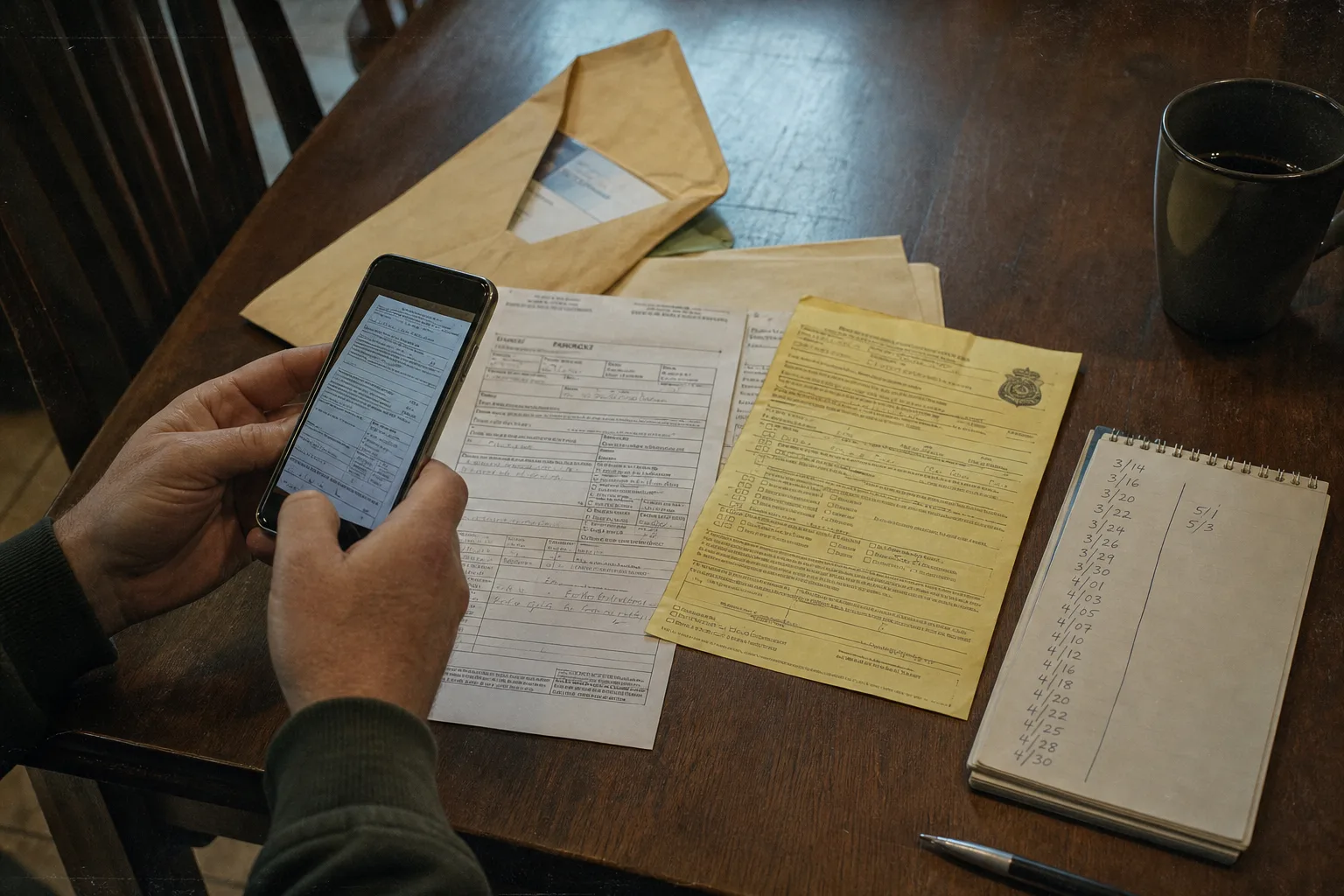 A kitchen table with a manila envelope opened and several official-looking forms and a citation spread out, a phone photographing one page, a handwritten lis...