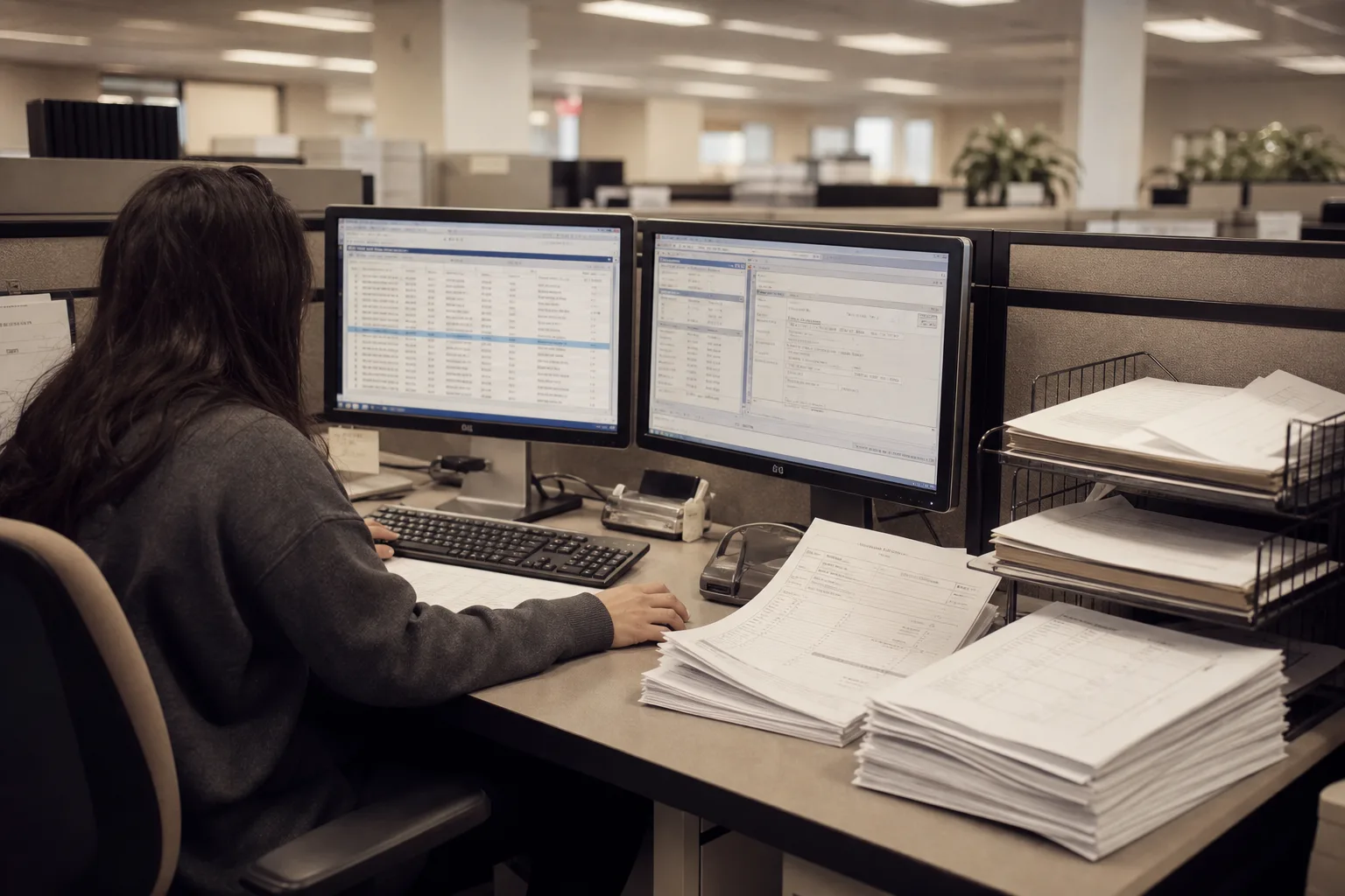 A billing office workstation in a large medical group, with a dual-monitor display showing a claims work queue and a printed remittance advice beside a stack...
