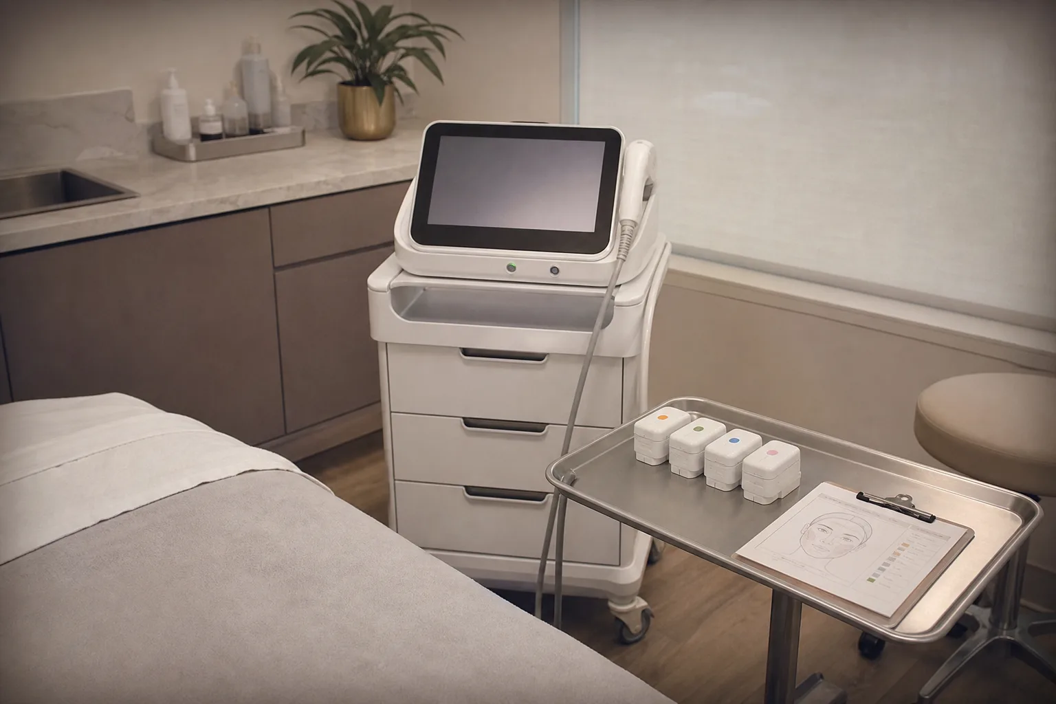 A clinician's treatment room with an energy-based facial device on a mobile cart, single-use cartridges laid out on a tray beside it, and a printed treatment...