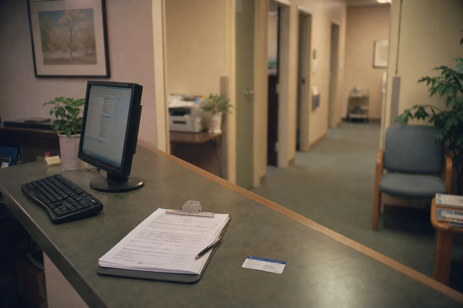 A clinic reception desk with a computer monitor, a clipboard of intake forms, and an insurance card lying on the counter, with a hallway to exam rooms behind it