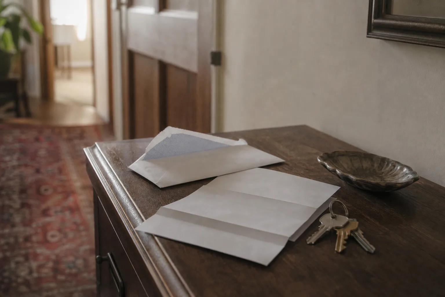 An opened envelope and a folded notification letter on a hallway table beside a set of keys