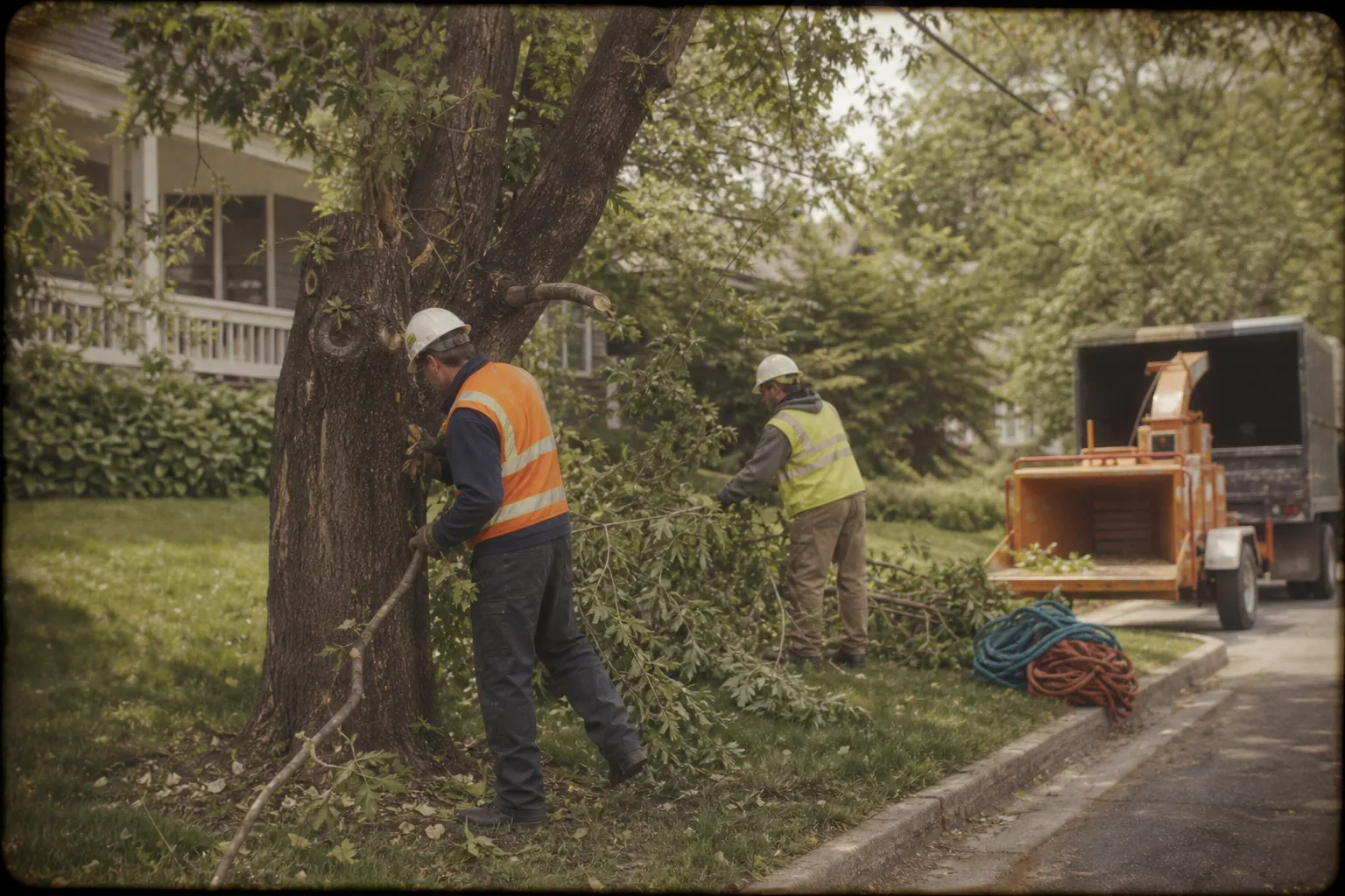A two-person crew in hard hats and high-visibility vests working beside a mature deciduous tree in a suburban front yard, with a chipper truck and coiled rig...