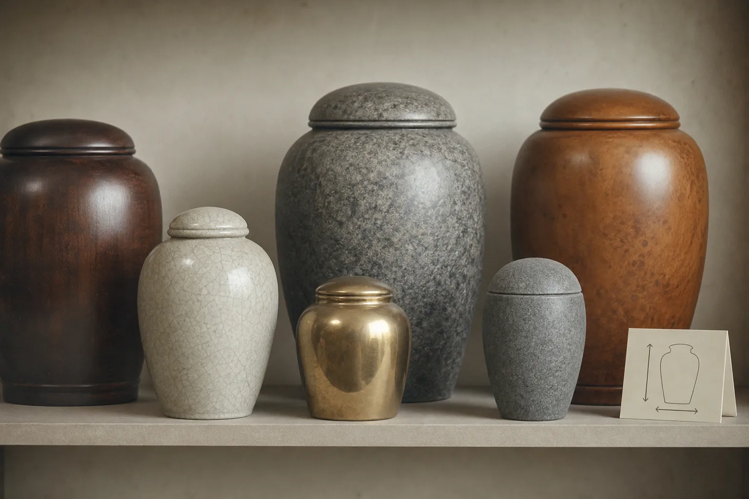 A selection of cremation urns in different materials, wood, ceramic, brass and stone, arranged on a plain shelf, with a small printed dimensions card beside...