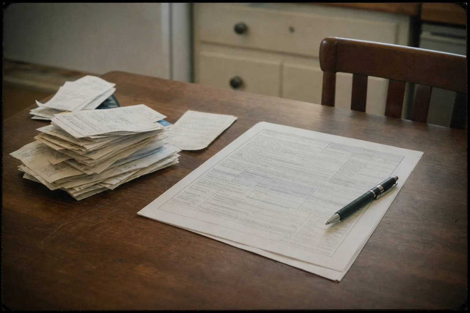 A small claims filing form, a stack of receipts and a pen arranged on a kitchen table