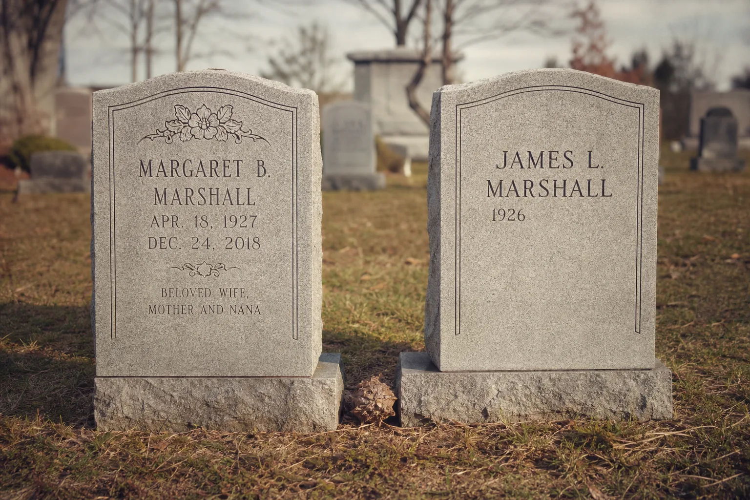 A granite companion headstone in a cemetery with one side fully inscribed and the other side showing only a name and birth year, blank space remaining