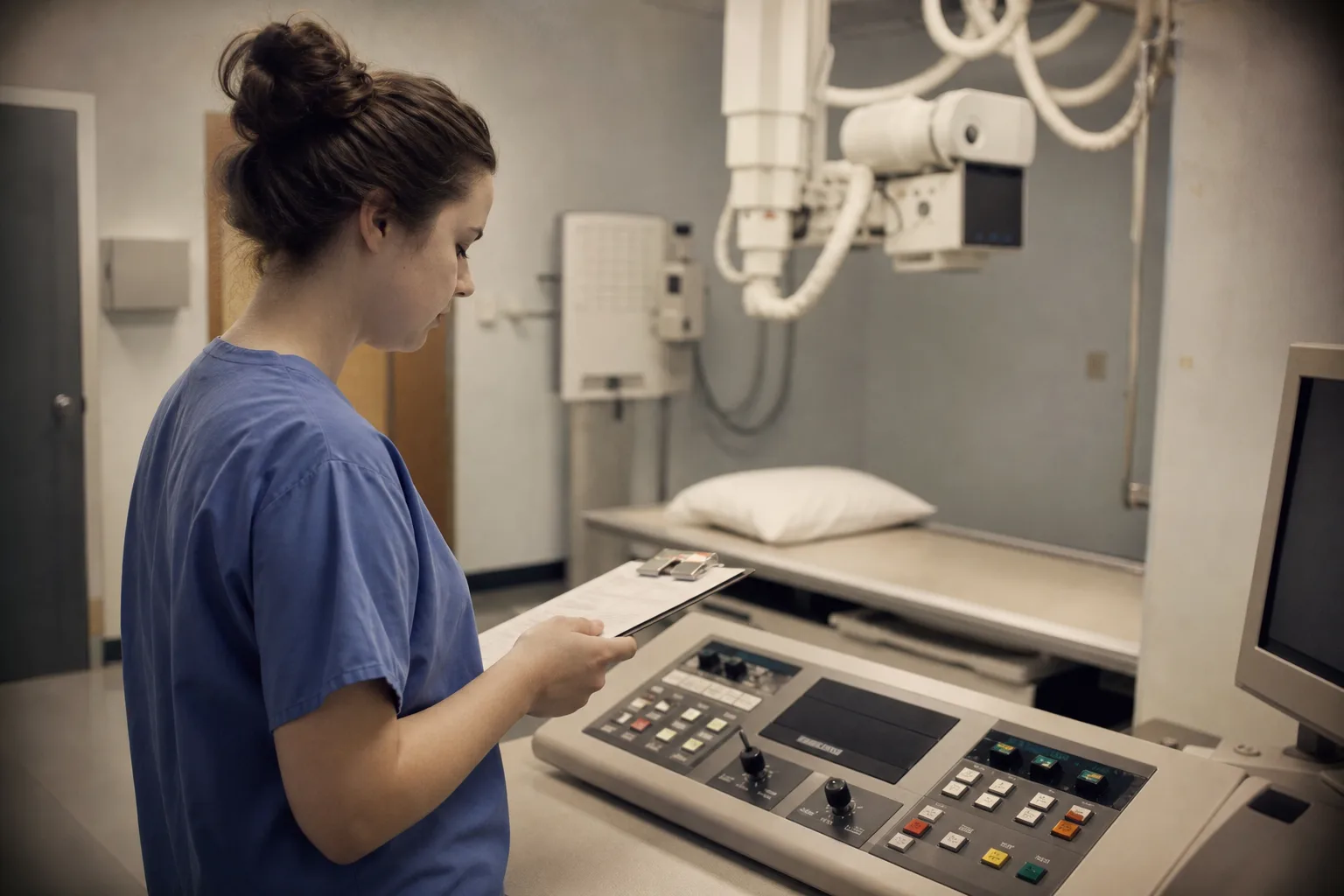 A radiography student in scrubs standing at an imaging control console in a hospital room, clipboard in hand, with an X-ray machine and patient table visible...