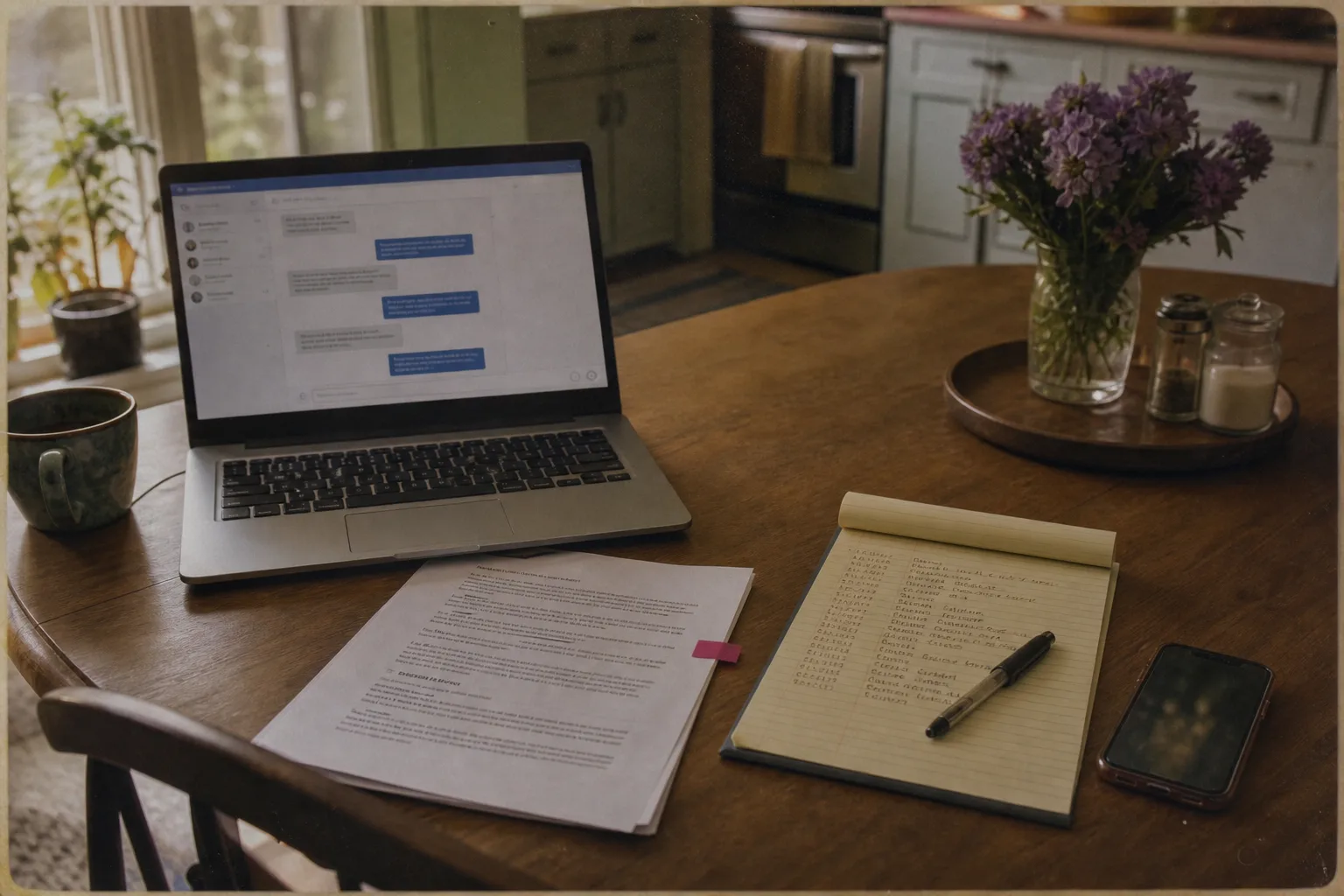 A kitchen table with an open laptop showing a customer service chat thread, a printed contract with one section marked by a sticky tab, a handwritten dated c...