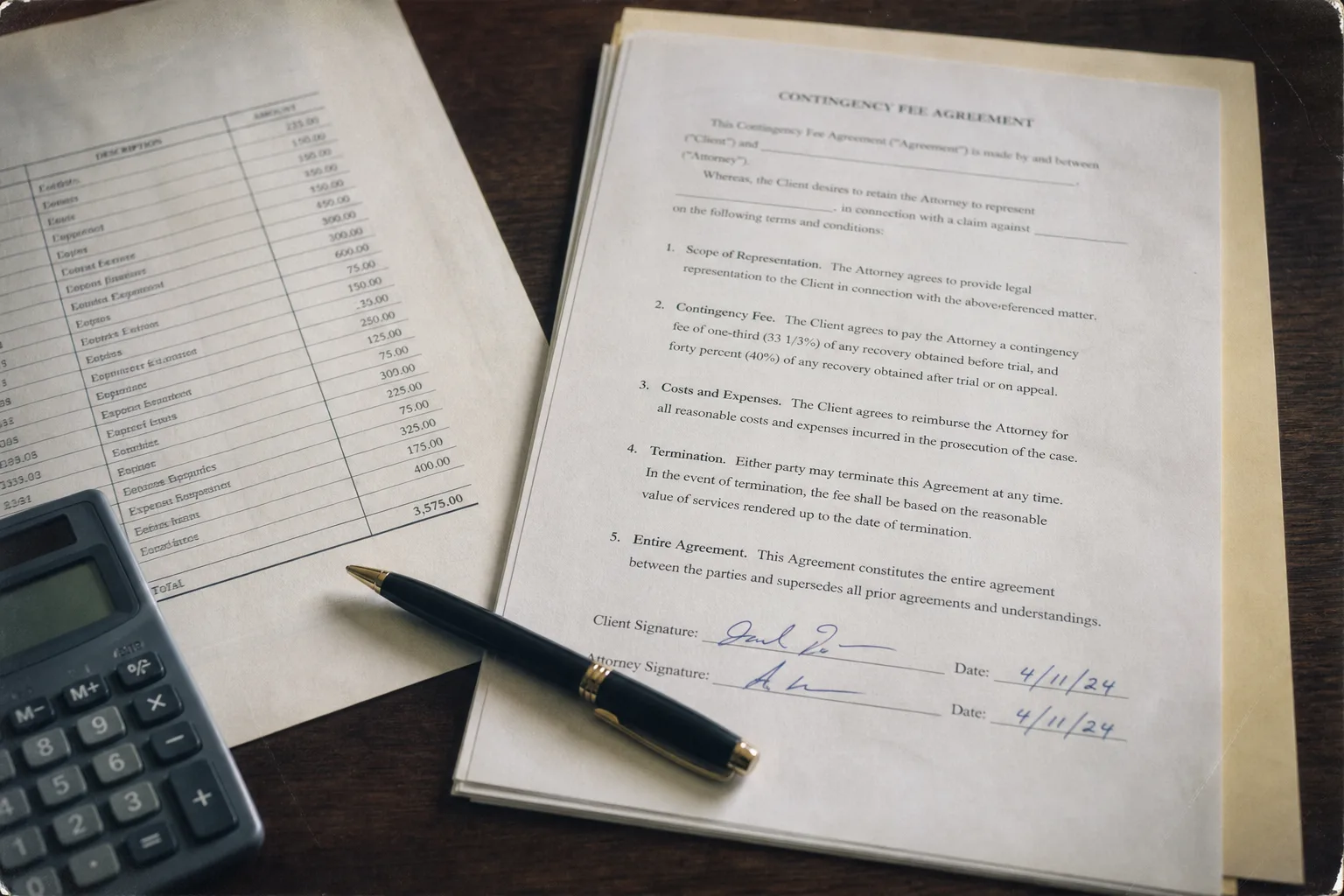 A signed contingency fee agreement on a desk beside a printed itemized cost ledger and a calculator, with a pen resting across the pages
