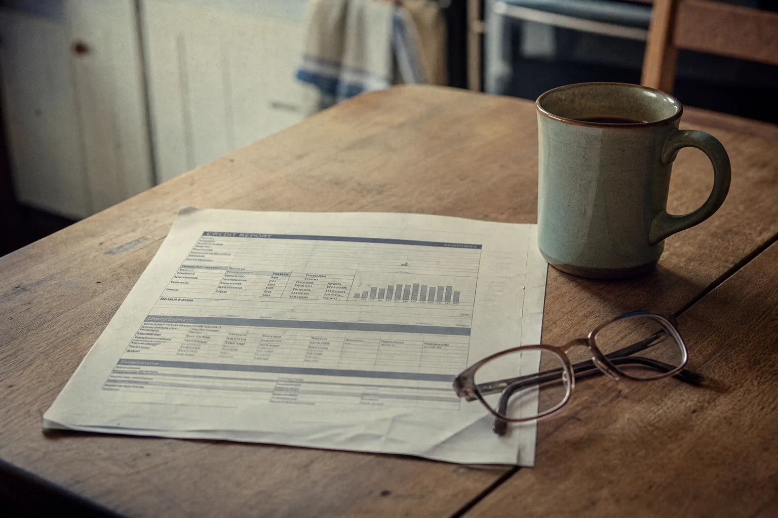 A credit report printout and a pair of reading glasses on a kitchen table beside a mug