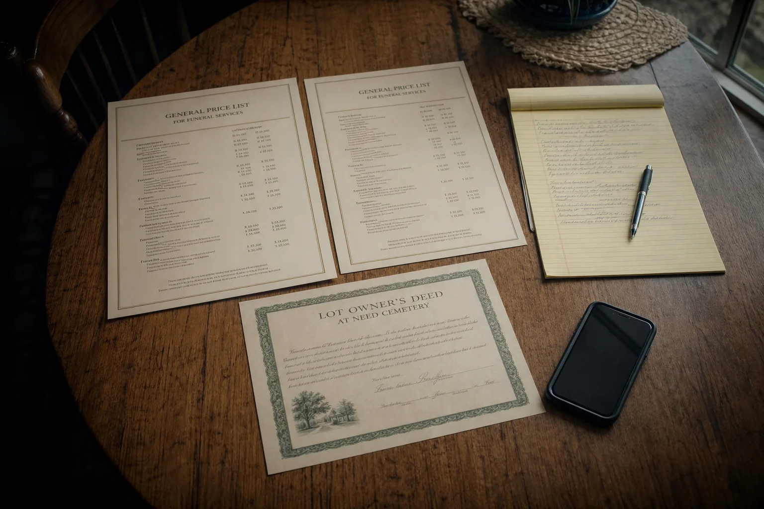 A wooden dining table with two funeral home price lists side by side, a legal pad with handwritten notes, a cemetery plot deed, and a cell phone