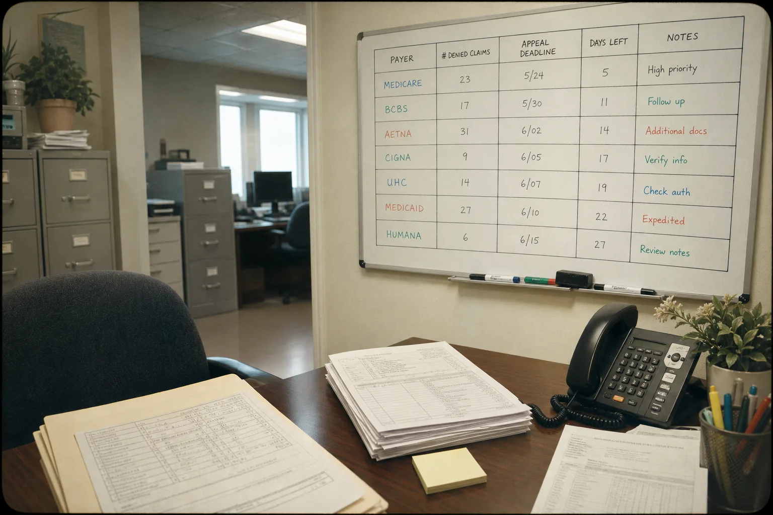 A hospital revenue cycle office with a whiteboard tracking denial appeal deadlines by payer, printed claim documents and a patient chart on the desk beside a...