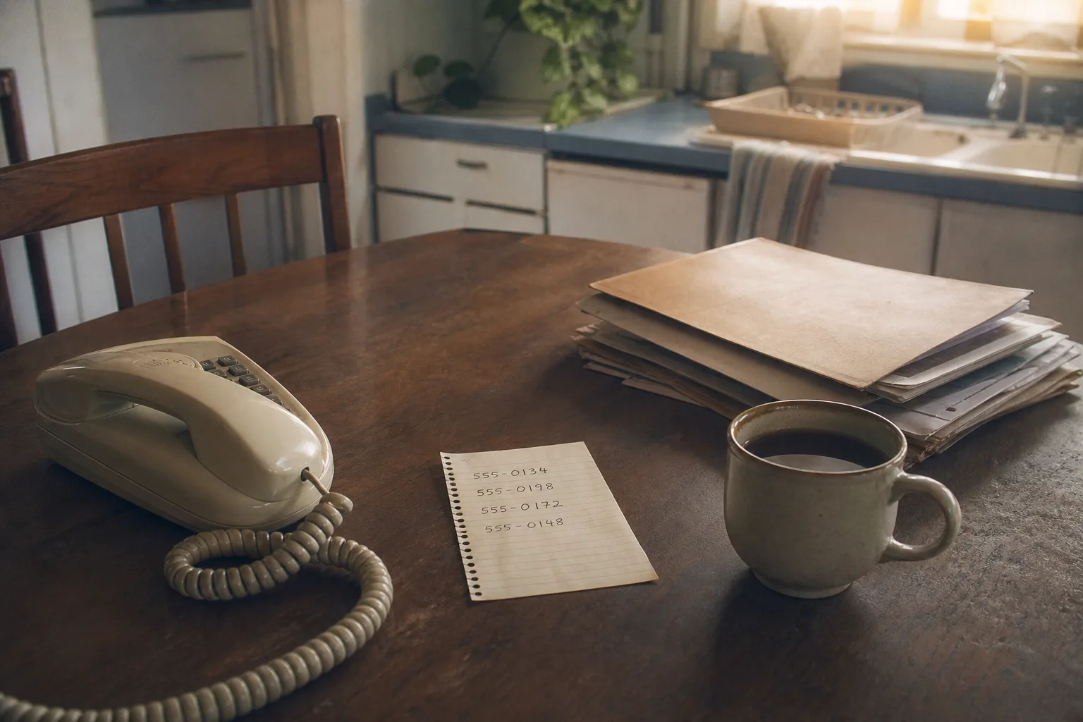 A kitchen table at early morning with a notepad listing four phone numbers, a landline handset, a mug of coffee, and a folder of documents