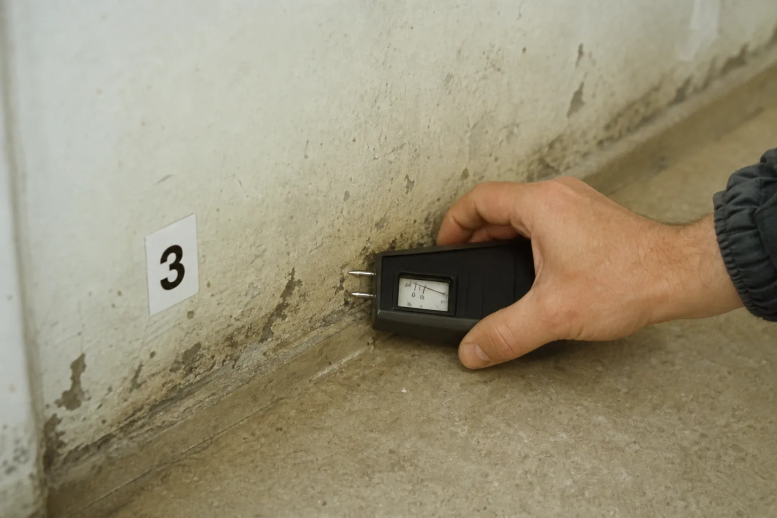 A pin-type moisture meter pressed against the base of a wall next to a numbered marker sticker