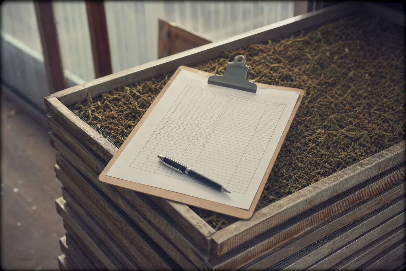A clipboard with a printed daily moisture reading log resting on a stack of drying equipment
