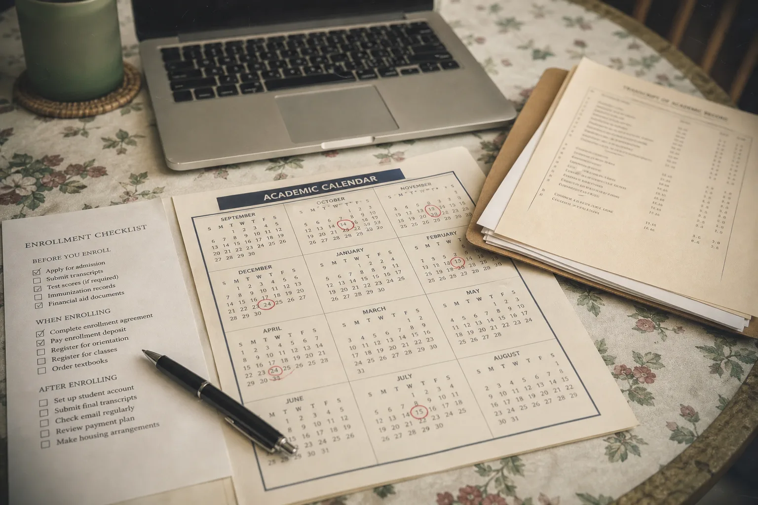 A printed academic calendar and enrollment checklist on a kitchen table beside a laptop, a folder of transcripts, and a pen with several dates circled