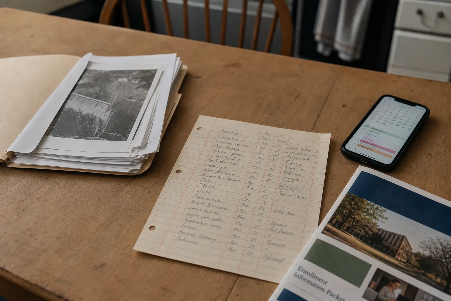 A single handwritten deadline ledger sheet on a kitchen table beside a folder of scanned documents, a phone showing calendar reminders, and a community colle...