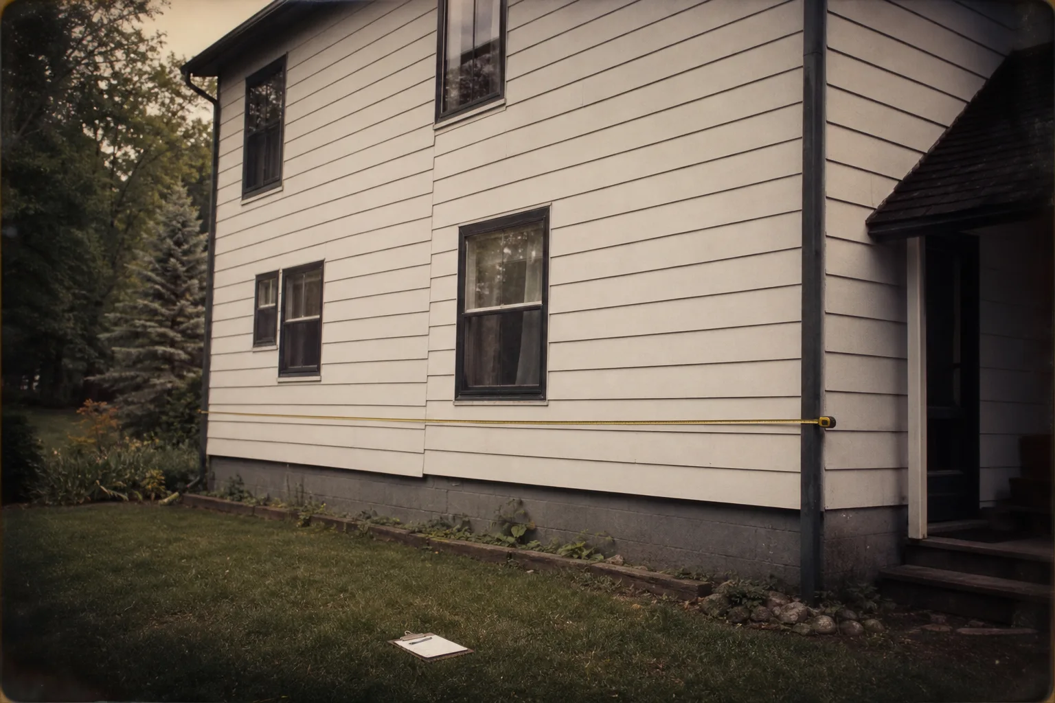 A tape measure extended along the exterior wall of a two-story house with a clipboard resting on the grass
