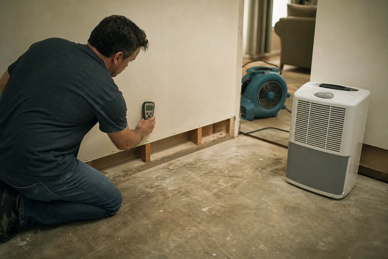 A homeowner holding a handheld moisture meter against the base of a drywall wall where the baseboard has been removed, with an air mover and a dehumidifier r...