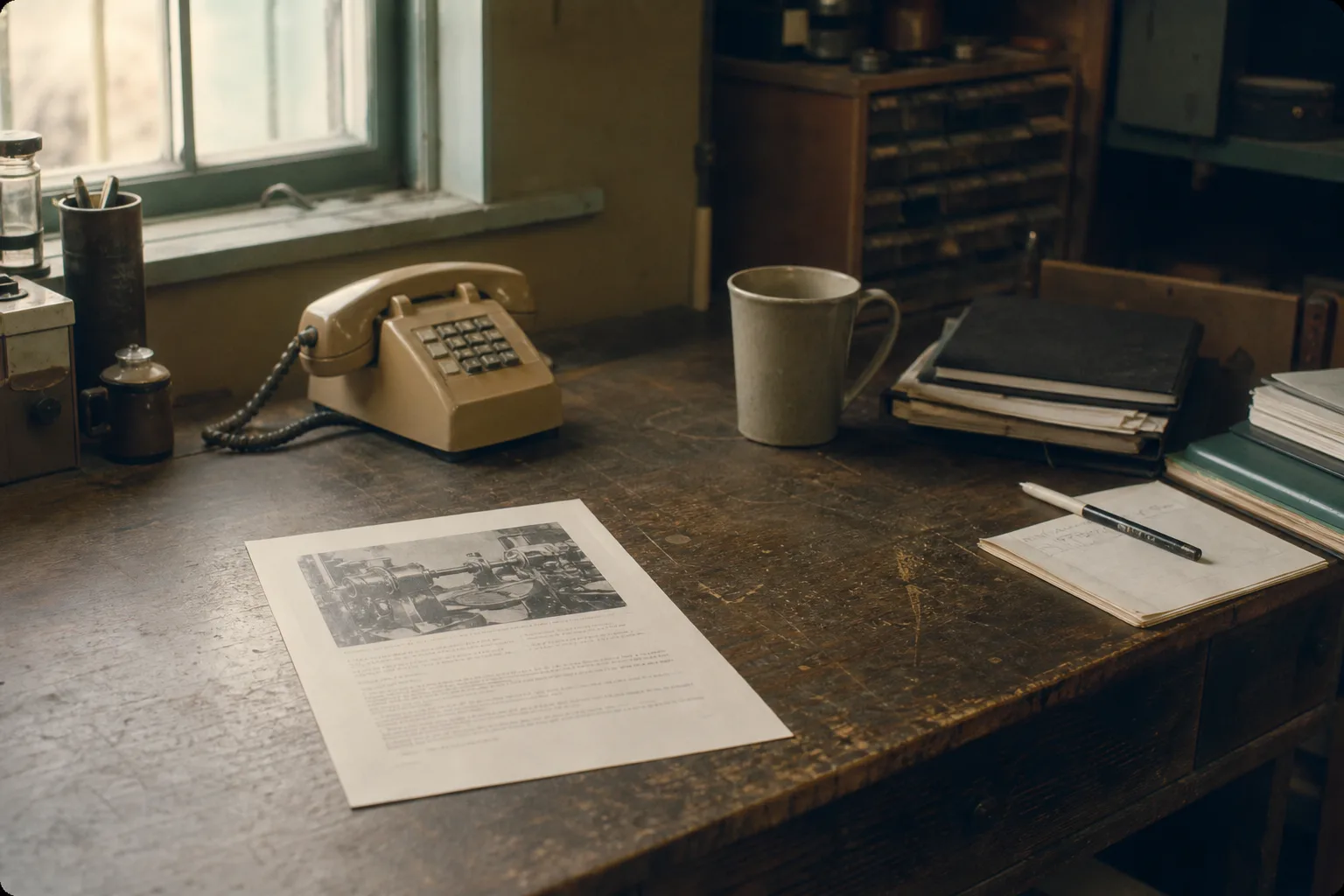 A small workshop office desk with a printed job advertisement, a phone, and a mug on it