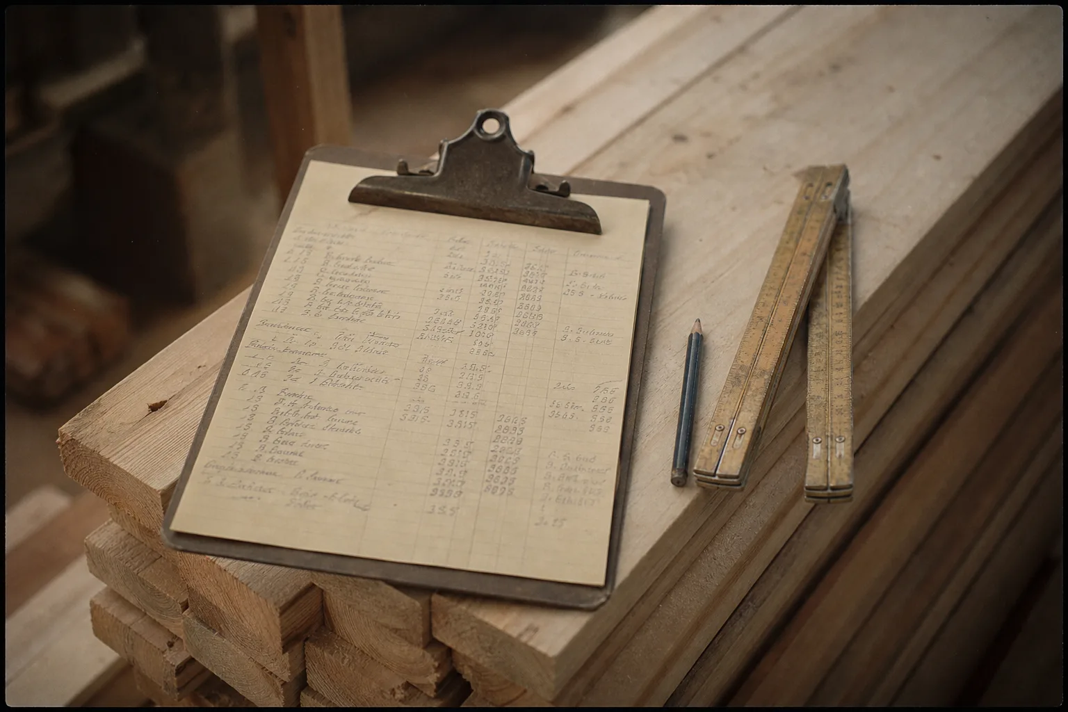 A detailed handwritten job estimate on a clipboard beside a folding rule and a pencil on a stack of lumber