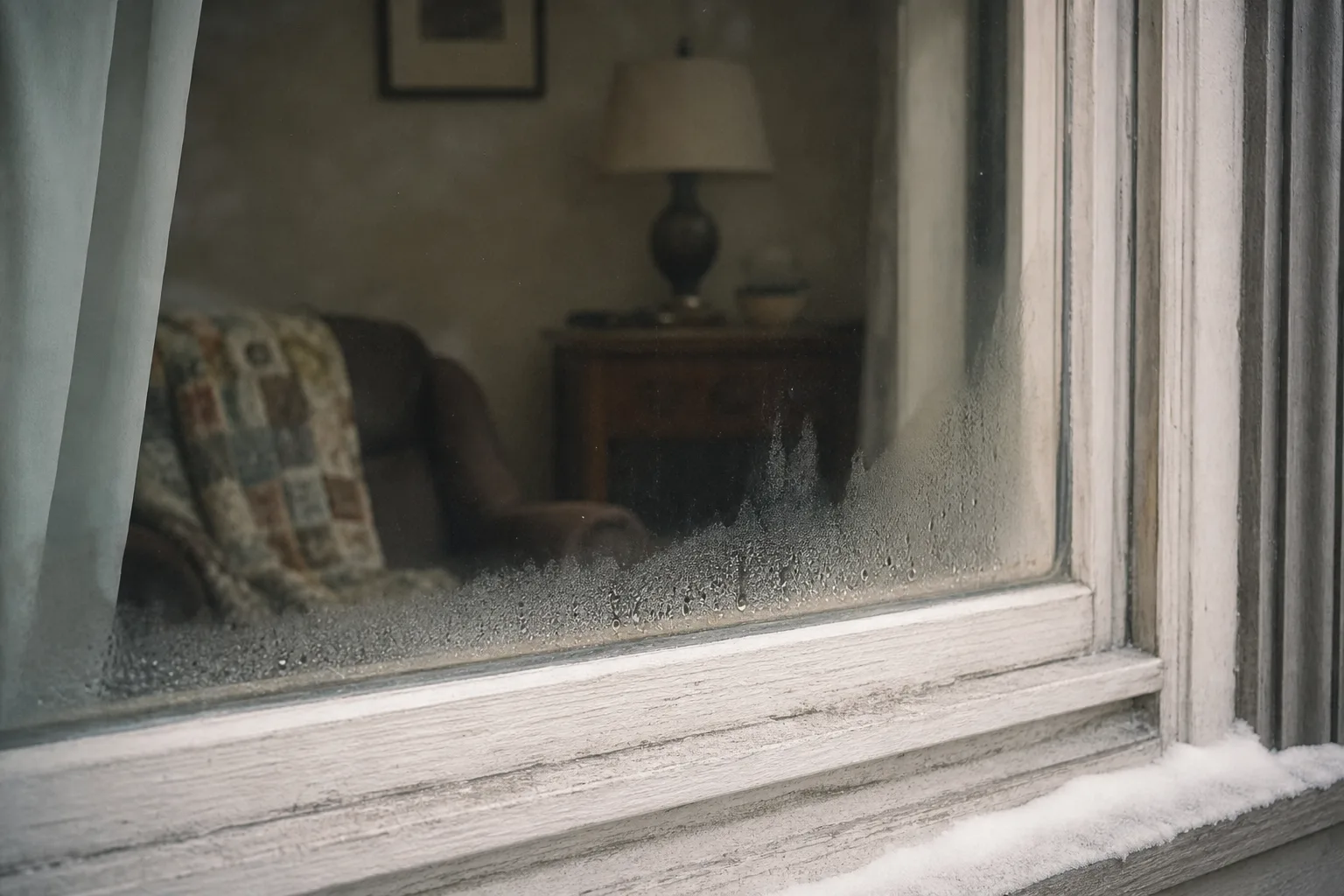 A close view of a residential window in cold weather showing condensation beading along the lower edge of the glass, with the frame and part of the room visi...