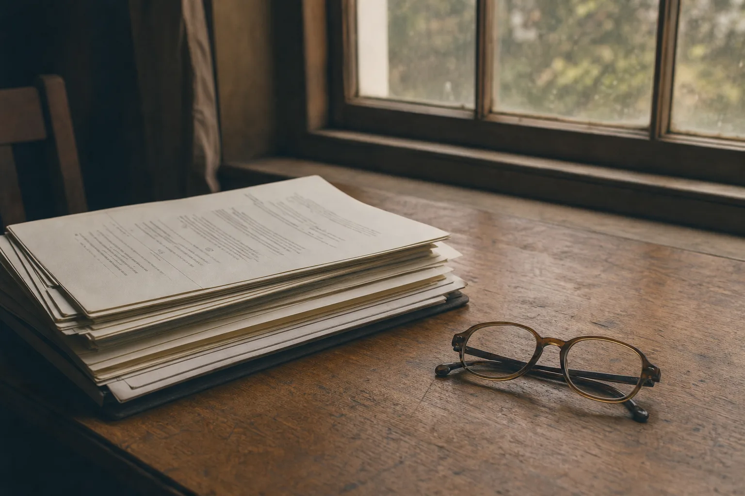 A stack of contracts and a pair of reading glasses on a wooden table near a window