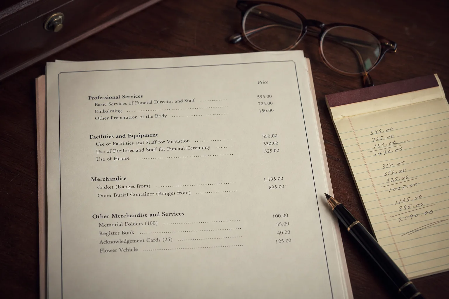 An itemized funeral home price list on a desk beside a pen, reading glasses, and a notepad with handwritten figures