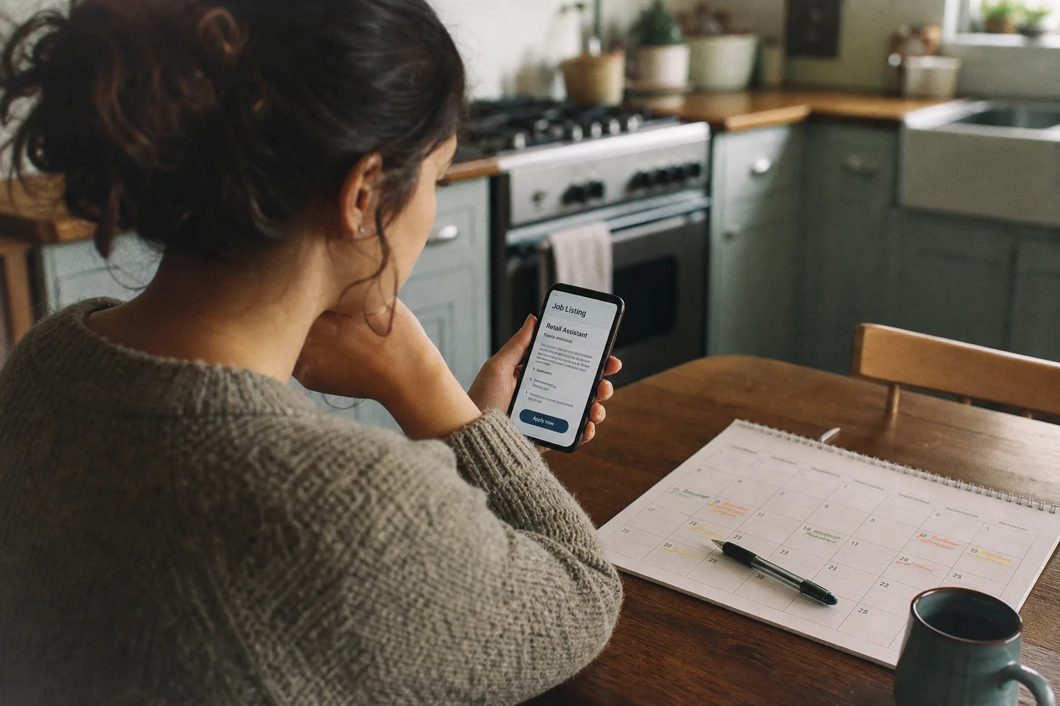 A person sitting at a kitchen table looking at a phone showing a job listing, with a wall calendar beside them marked with shifts and a pen resting on it