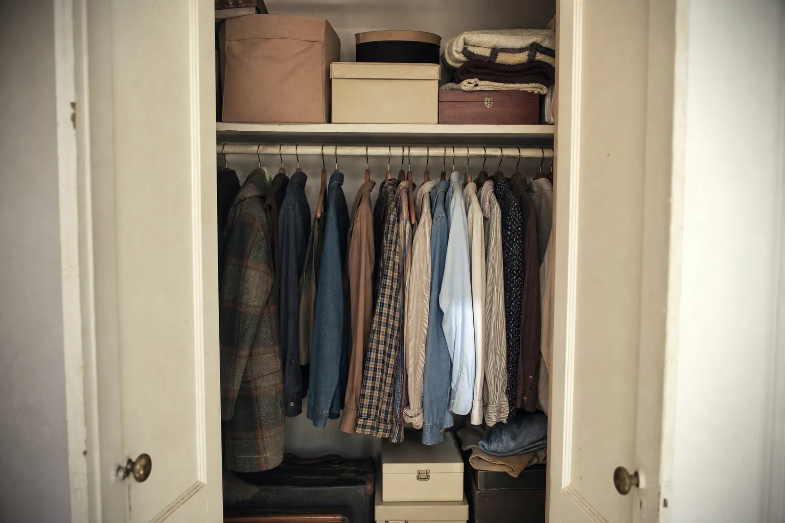 An open closet with clothing, boxes and stored items visible on the shelves and rail
