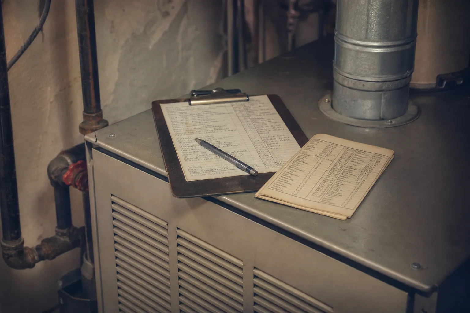 A service technician's clipboard and a folded price list resting on a residential furnace cabinet