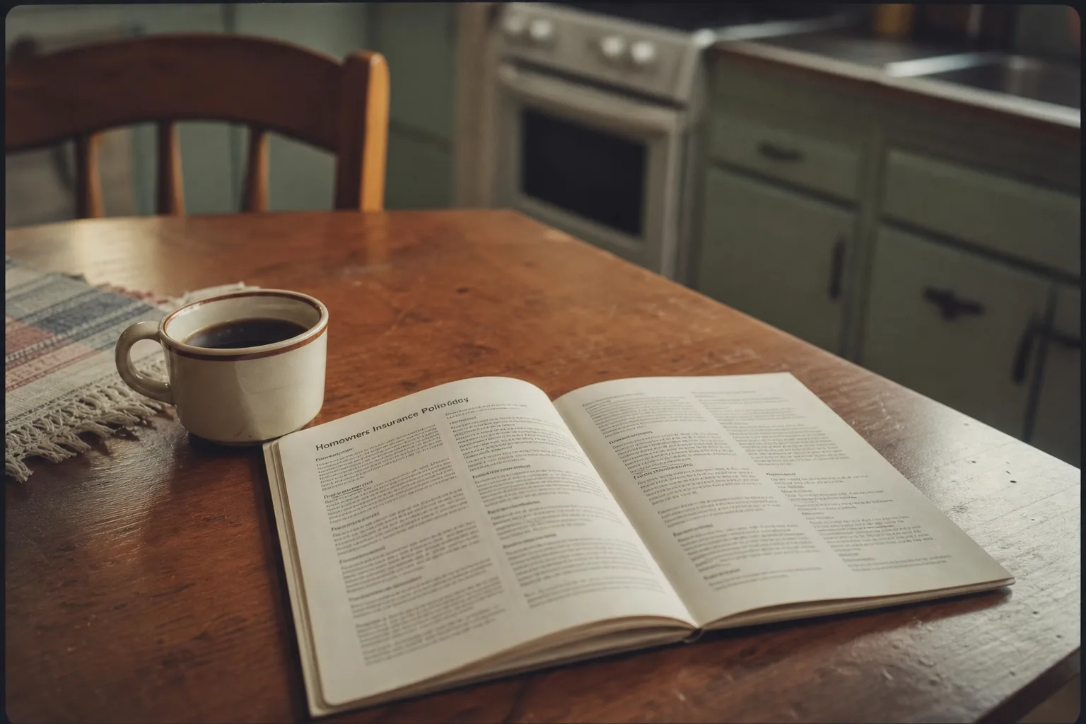 A homeowners insurance policy booklet open on a kitchen table beside a coffee cup, pages showing dense paragraphs