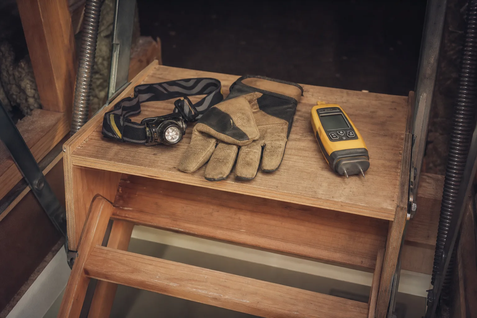 A headlamp, work gloves and a moisture meter laid out on the top step of a pull-down attic ladder