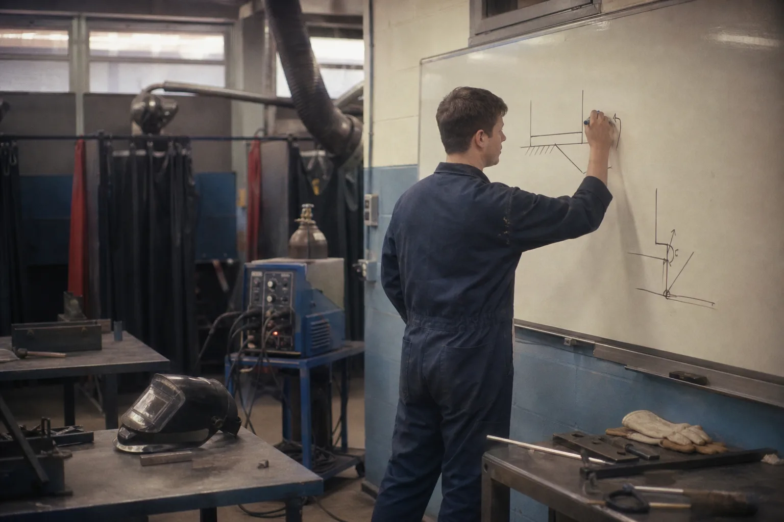 A working welder in shop coveralls standing at a whiteboard in a high school technical classroom, welding equipment and student workbenches visible behind them