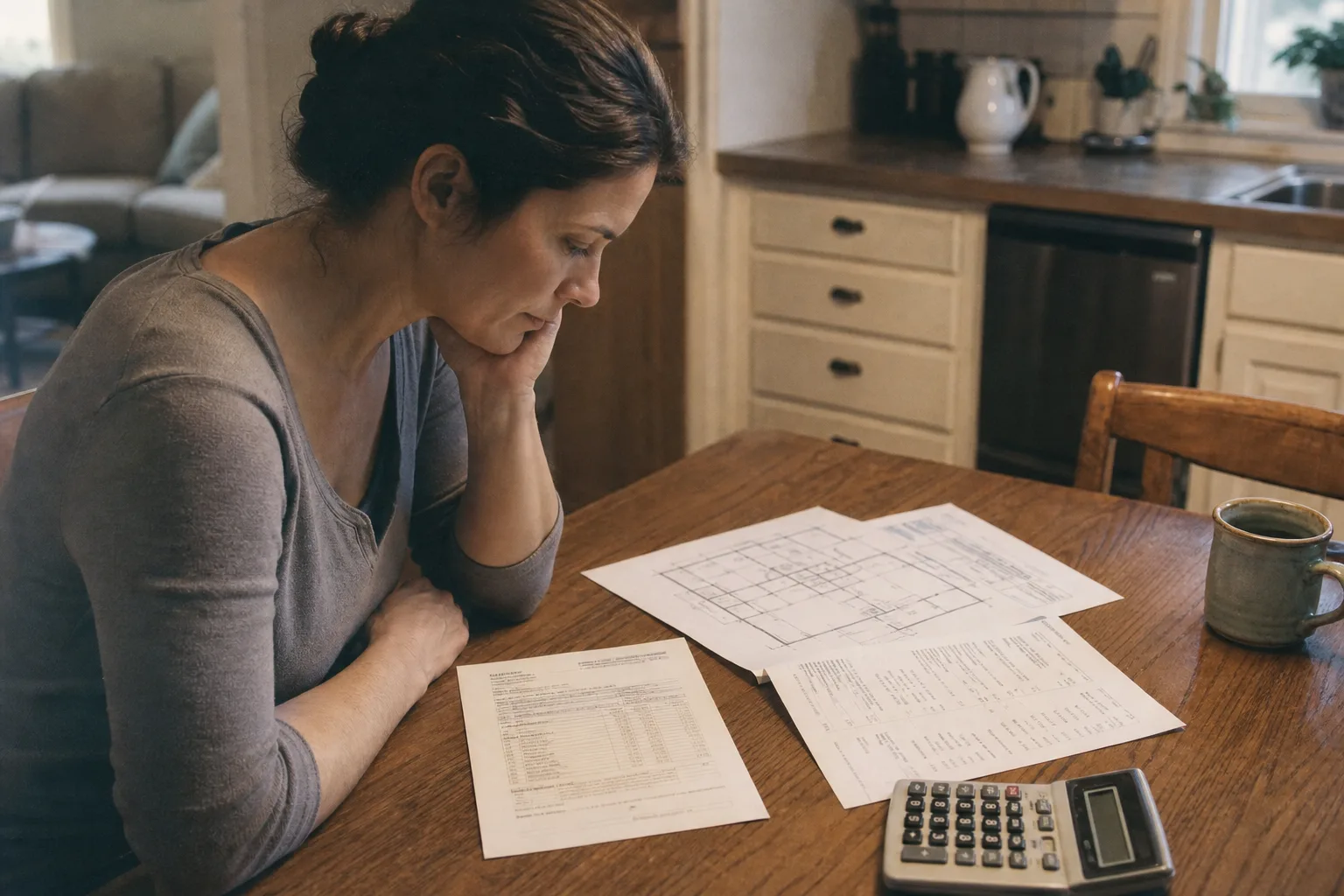 A homeowner at a kitchen table with an insurance declarations page, a contractor's rebuild estimate, and a calculator spread out in front of them