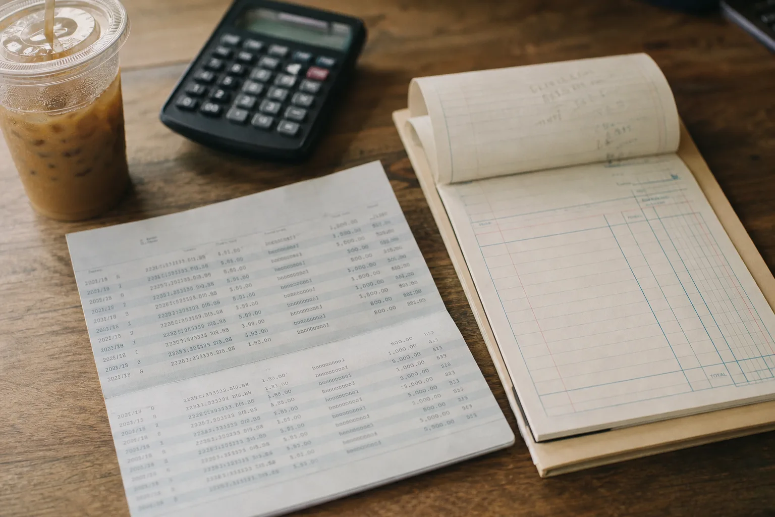 A printed bank statement and an invoice book on a desk beside a calculator and a cold cup of coffee