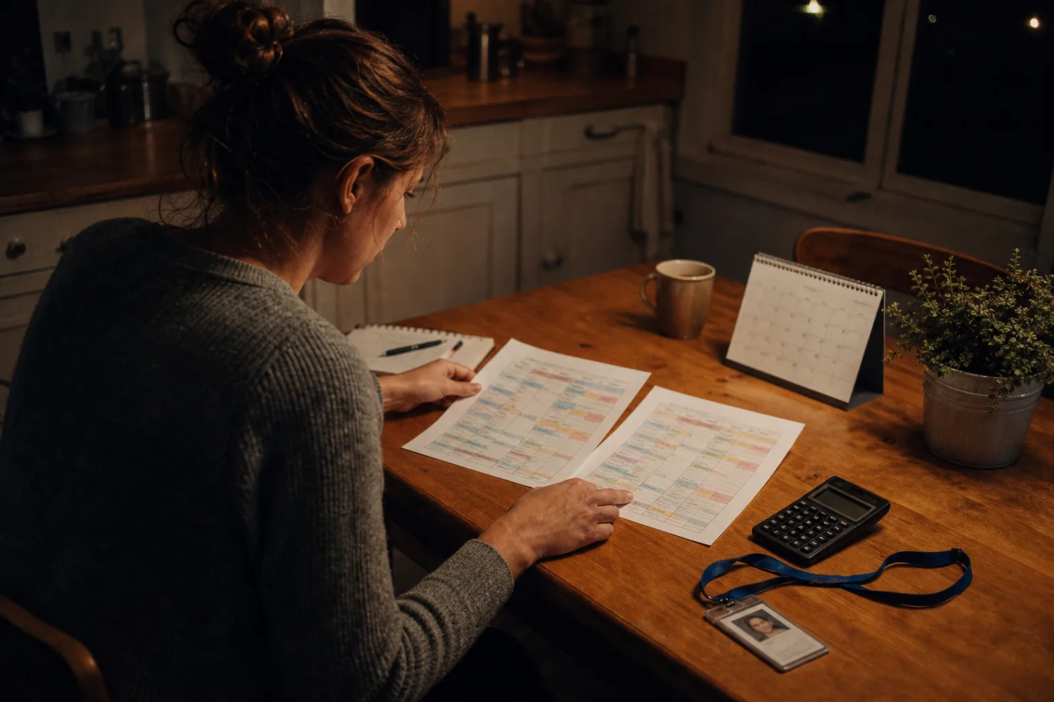 A working adult at a kitchen table at night comparing two printed program schedules side by side, with a calendar, a calculator and a work badge on a lanyard...