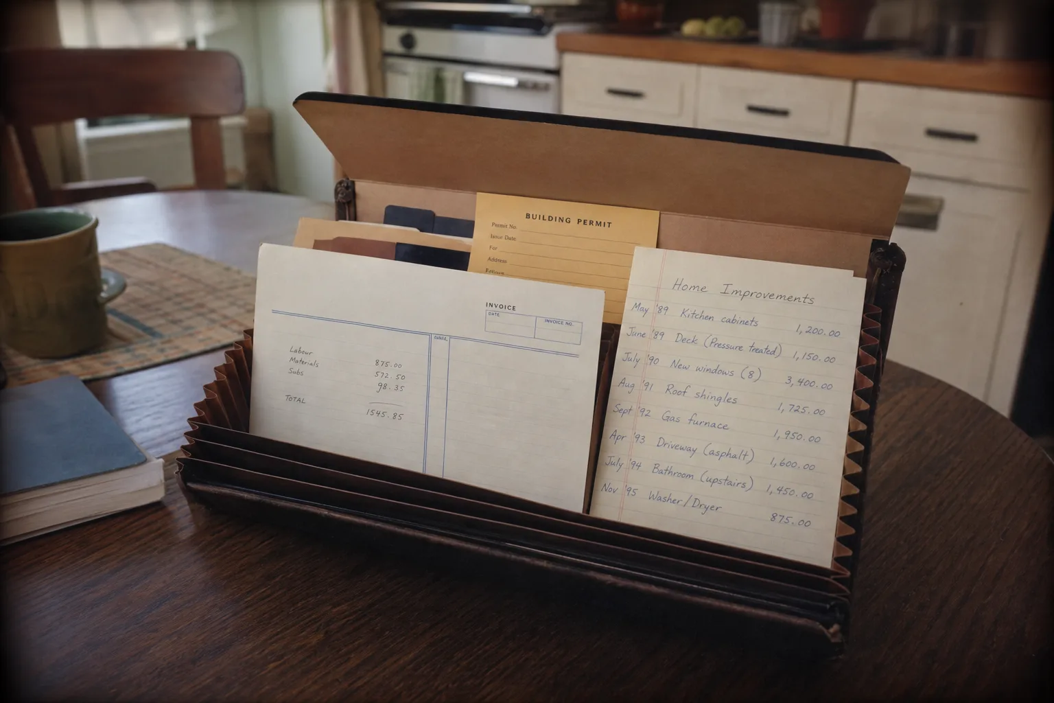 An open accordion file folder on a kitchen table with a contractor's invoice, a building permit card, and a handwritten list of home improvements with dates...