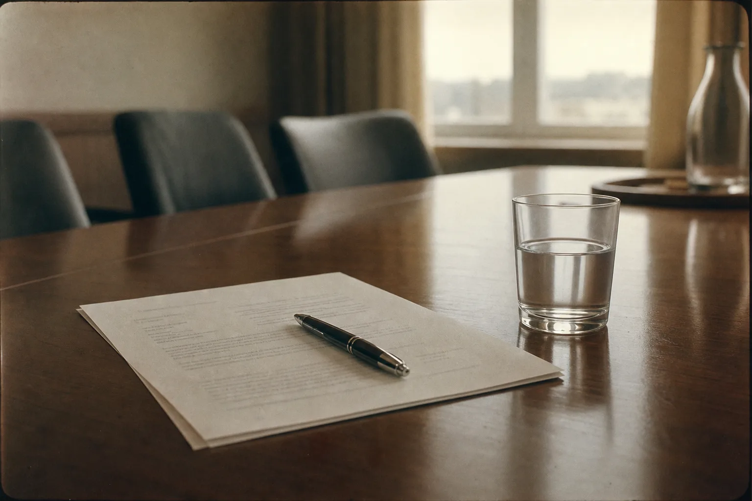 An engagement letter and a pen on a conference table beside a glass of water