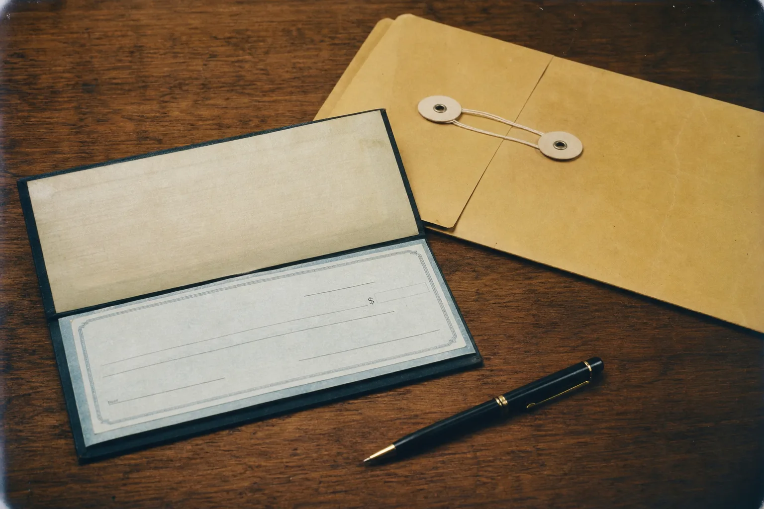 A small business checkbook, a state filing envelope and a pen arranged on a wooden desk