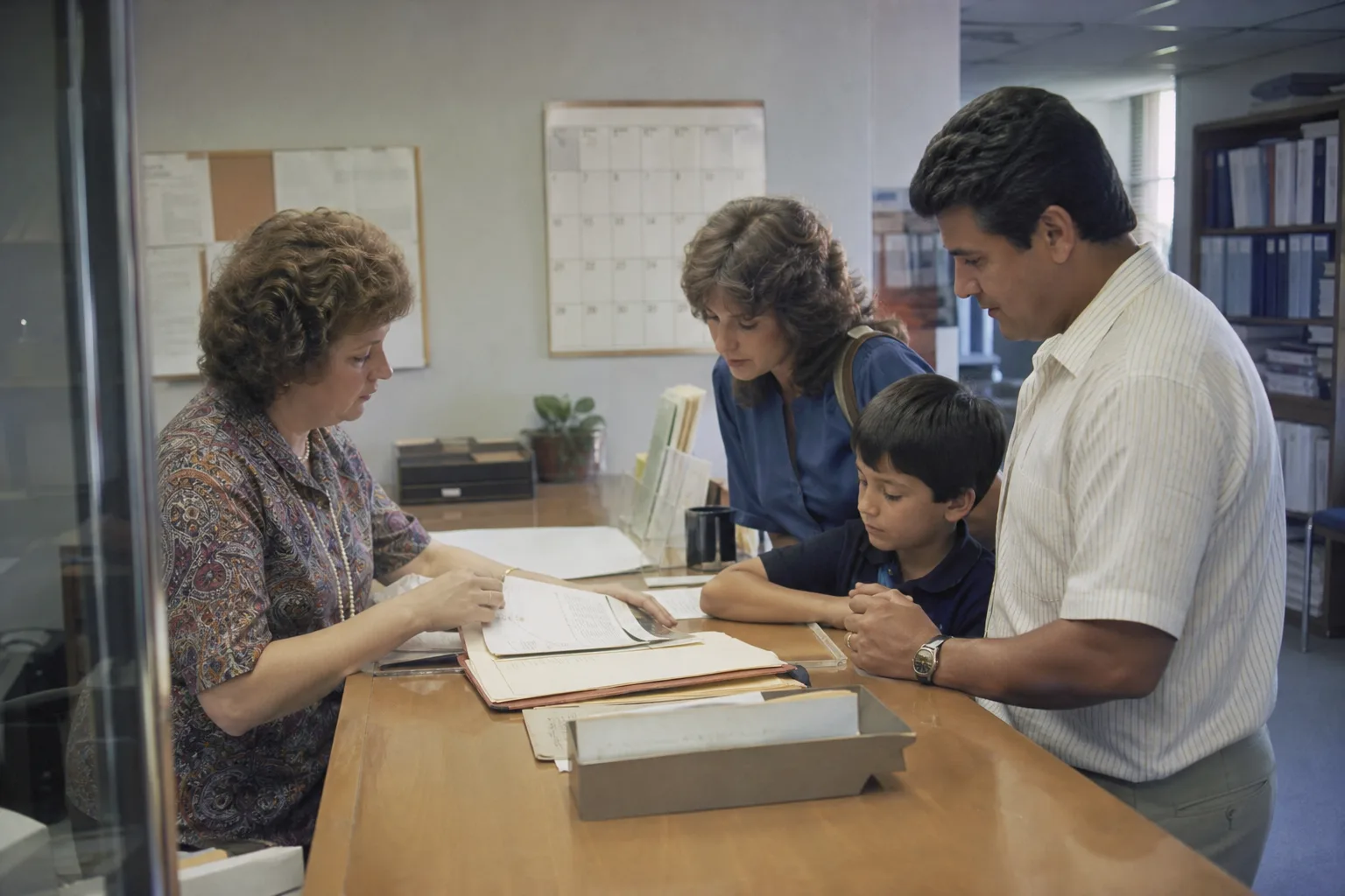 A school district enrollment office counter with a staff member reviewing a family's folder of documents, application forms and a wall calendar visible behin...