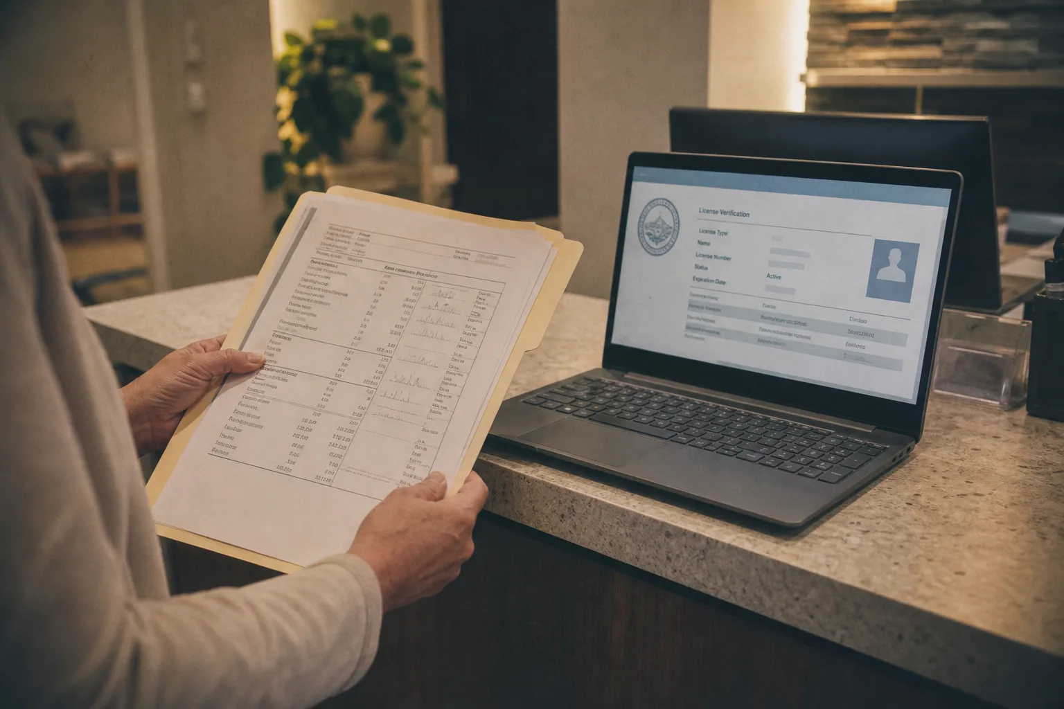 A patient's hands holding a thick manila folder of medical lab printouts on a clinic reception counter, with a laptop open beside it showing a license verifi...
