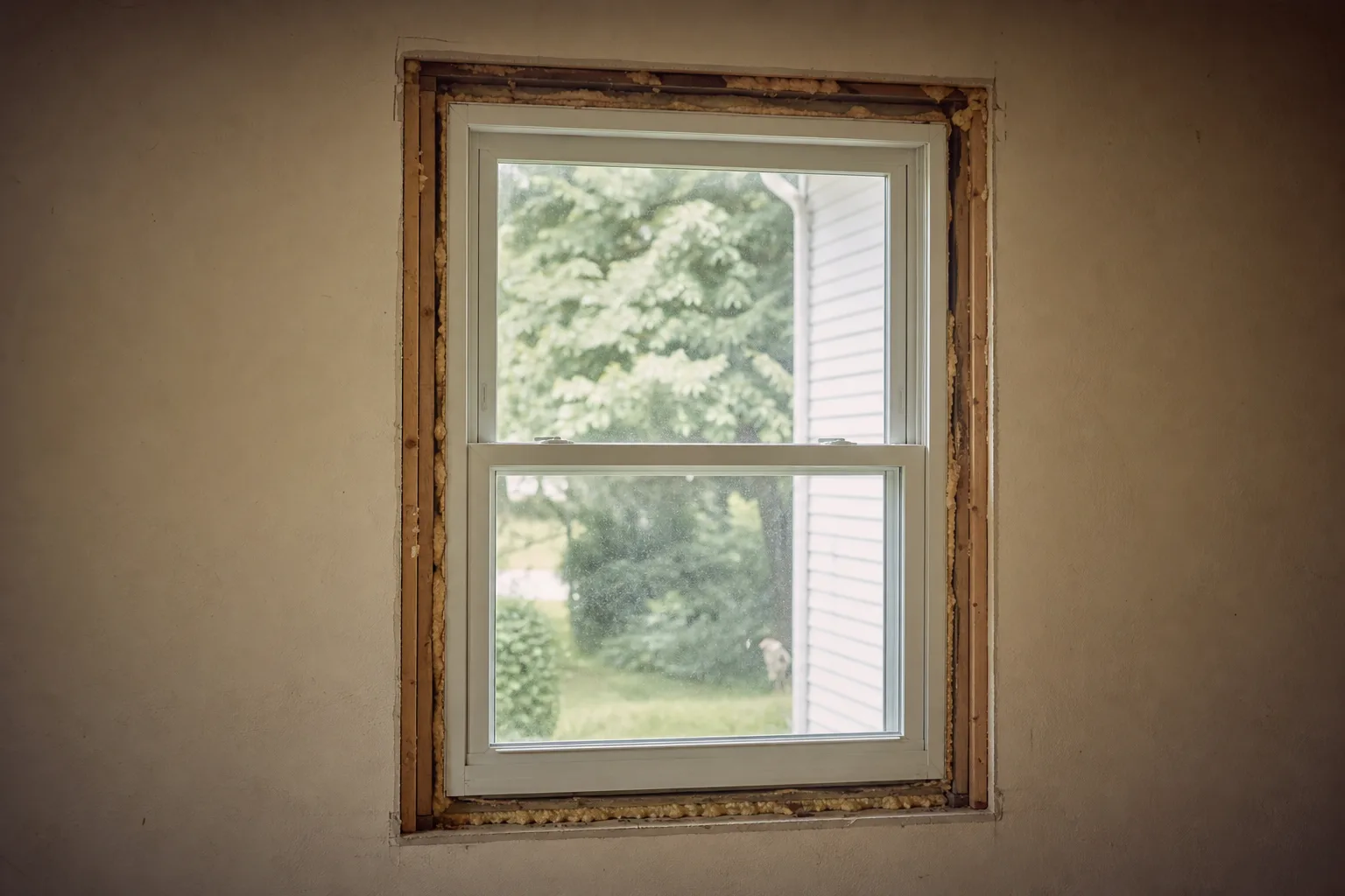 A replacement window unit set into a rough opening in a wall, with the gap between frame and framing visible and partly filled with sealant foam, interior tr...