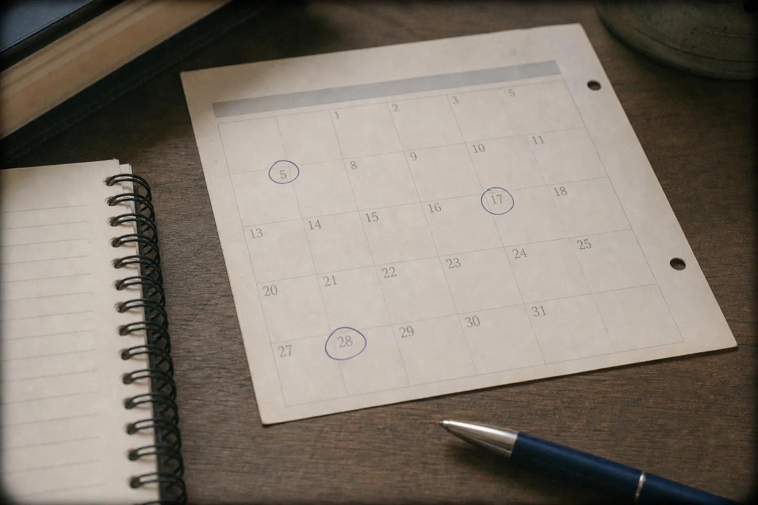 A calendar page with three dates circled, resting on a desk beside a notebook and a pen